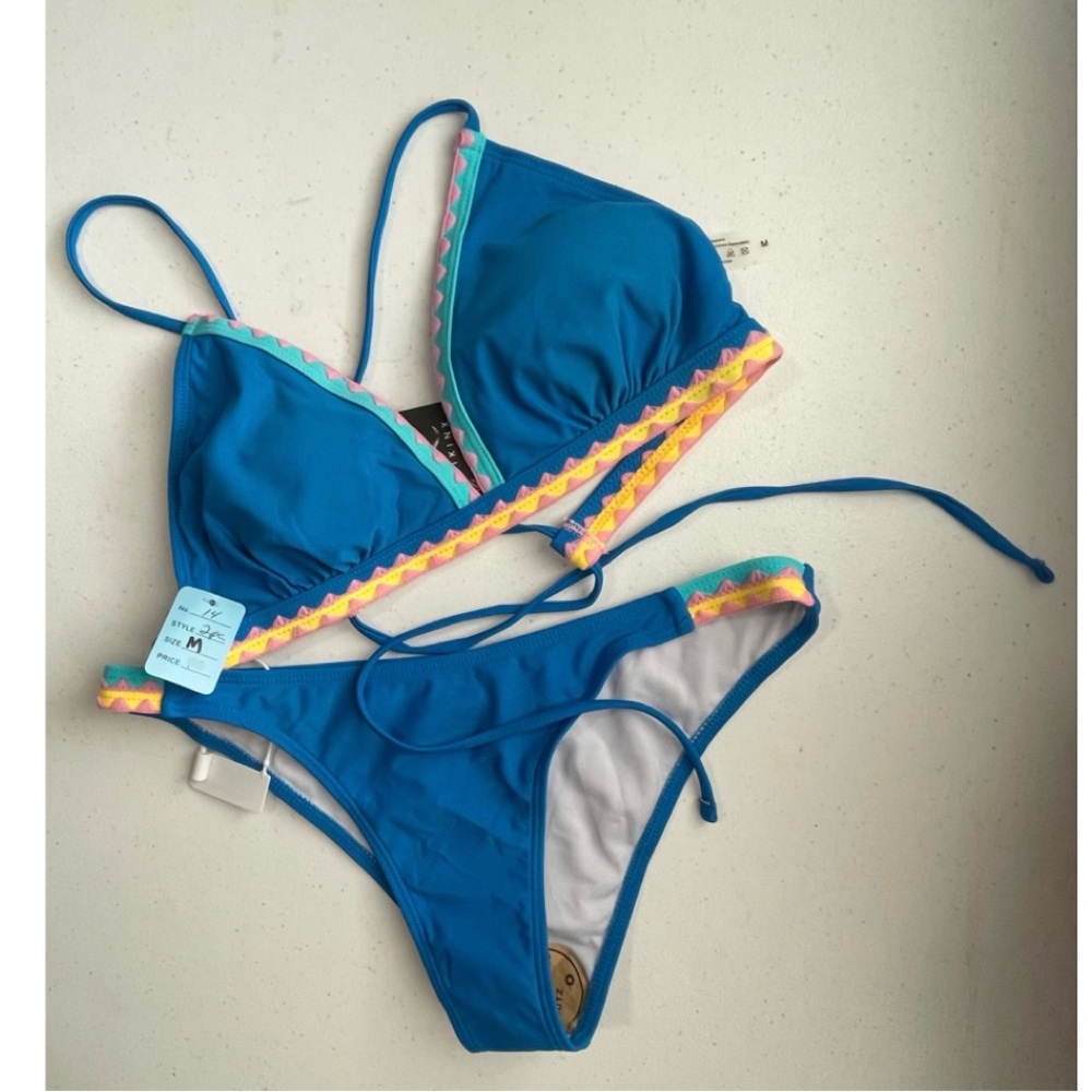 Vibrant Blue Bikini with Multicolor Accents